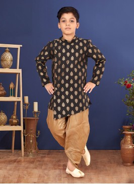 Designer Jacquard Silk Indowestern Set In Black