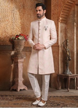 Designer Jacquard Silk Indowestern Set In Light Pink
