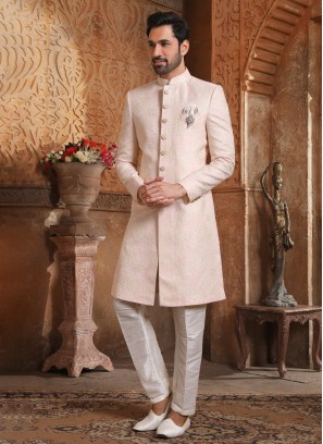 Designer Jacquard Silk Indowestern Set In Light Pink