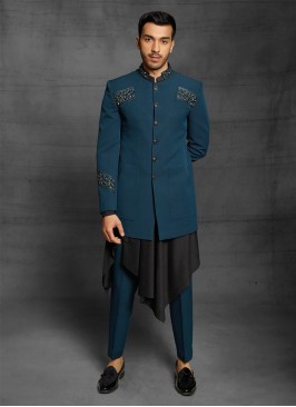 Designer Jodhpuri Suit Peacock Blue Color