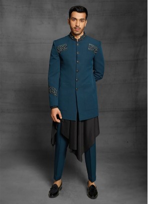 Designer Jodhpuri Suit Peacock Blue Color