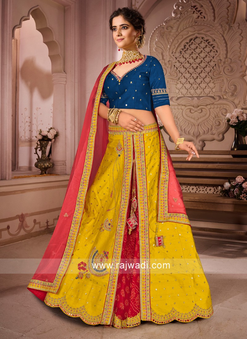 Buy Mustard N Teal Blue Art Silk A Line Lehenga Wedding Wear Online at Best  Price | Cbazaar