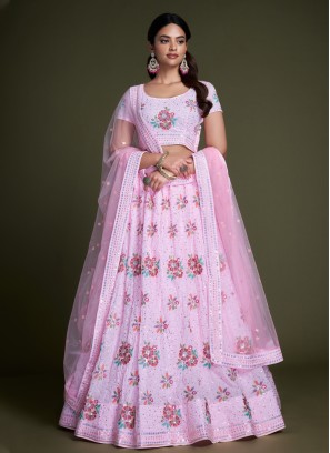 Pink Georgette Embroidered Lehenga Choli