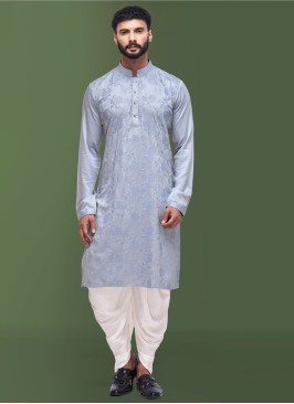 Designer Light Blue Thread Embroidered Indowestern