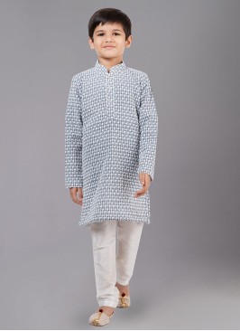 Designer Light Grey Thread Embroidered Kurta Pajama