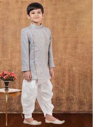 Designer Light Grey Woven Embroidered Indowestern Set