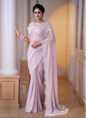Designer Light Onion Pink Saree In Lycra Net With Sequins Embroidered