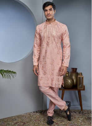 Designer Light Peach Embroidered Kurta Pajama