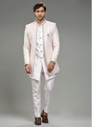 Designer Light Pink Jacket Style Indowestern In Silk