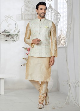 Designer Light Pista And Cream Nehru Jacket Set