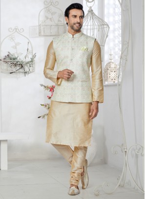 Designer Light Pista And Cream Nehru Jacket Set