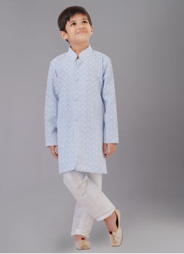 Designer Light Sky Blue Thread Embroidered Kurta Pajama