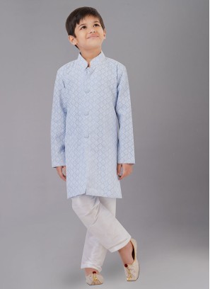 Designer Light Sky Blue Thread Embroidered Kurta Pajama