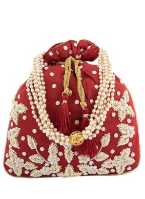 Designer Maroon Potli Bag With Pearl Handle