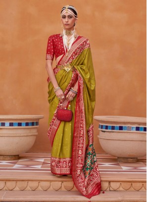 Designer Mehendi Green & Red Woven Patola Silk Saree