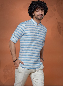 Designer Men's Striped Kurta In Off White