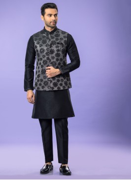 Designer Mens Wear Black Nehru Jacket Set