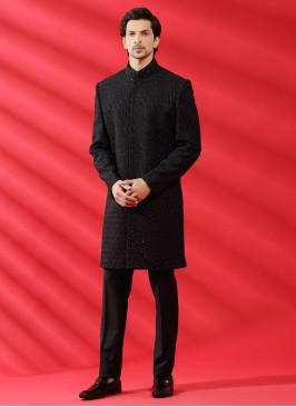 Designer Mens Wear Indowestern In Black Color