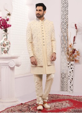 Designer Mens Wear Jacket Style Indowestern In Cream Color