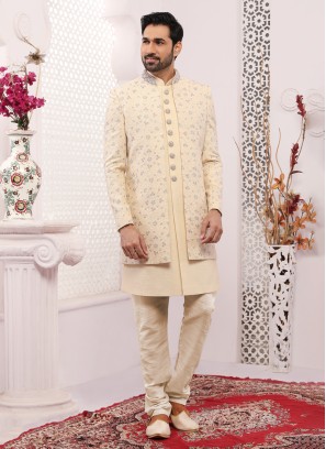 Designer Mens Wear Jacket Style Indowestern In Cream Color