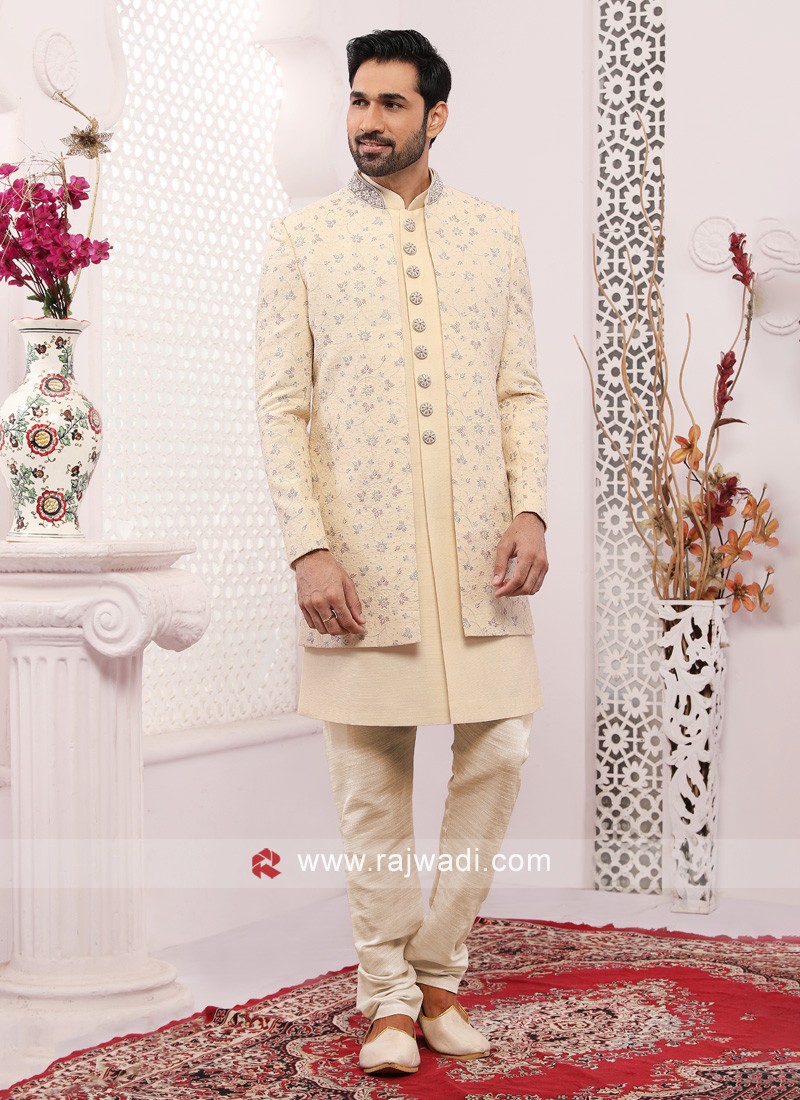 designer mens wear jacket style indowestern in cream color 49114