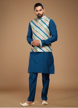 Designer Mens Wear Nehru Jacket In Teal Blue Color