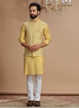 Designer Mens Wear Nehru Jacket In Yellow Color