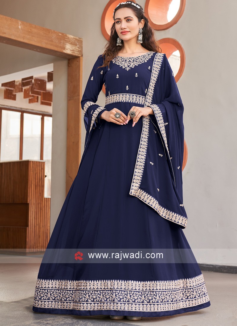 Embroidered Art Silk Anarkali in Navy Blue | Elegant Ethnic Wear – Gunj  Fashion