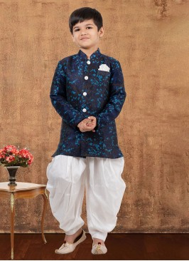 Designer Navy Blue Dhoti Style Indowestern In Jacquard Silk