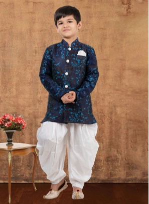 Designer Navy Blue Dhoti Style Indowestern In Jacquard Silk