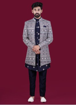 Designer Navy Blue Jacket Style Indowestern In Raw Silk