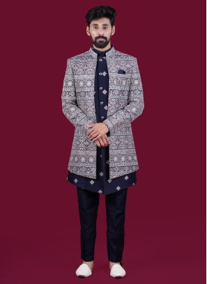 Designer Navy Blue Jacket Style Indowestern In Raw Silk