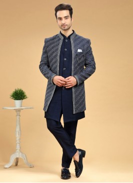 Designer Navy Blue Jacket Style Indowestern In Raw Silk