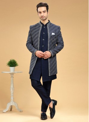 Designer Navy Blue Jacket Style Indowestern In Raw Silk