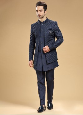 Designer Navy Blue Jacket Style Indowestern In Raw Silk