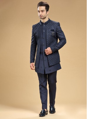 Designer Navy Blue Jacket Style Indowestern In Raw Silk