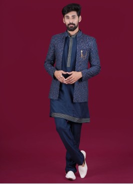 Designer Navy Blue Jacket Style Indowestern In Silk