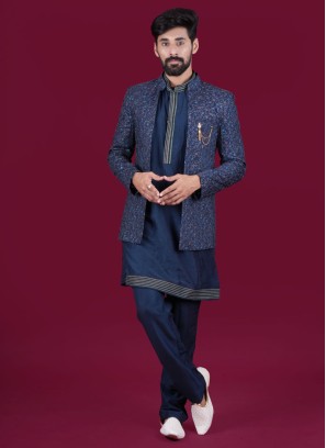Designer Navy Blue Jacket Style Indowestern In Silk