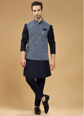 Designer Navy Blue Nehru Jacket Set In Art Silk