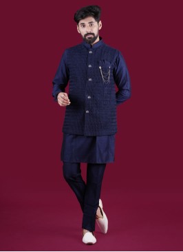 Designer Navy Blue Nehru Jacket Set In Silk