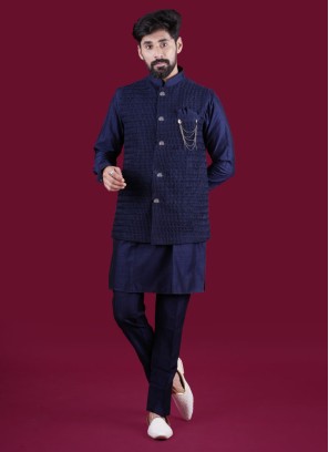 Designer Navy Blue Nehru Jacket Set In Silk