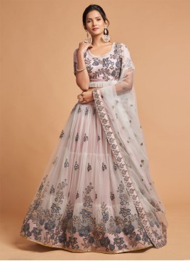 Designer Net Fabric Lehenga In Grey Color