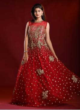 Designer Net Gown In Maroon Color