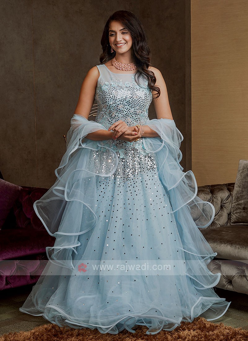 Light Sky Blue Light Blue Evening Gown With Short Sleeves, Tiered Long  Train, And Formal Ball Gown Style Vestidos De Festa From Click_me, $326.64  | DHgate.Com