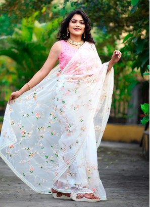 Designer Net Saree In Off White Color