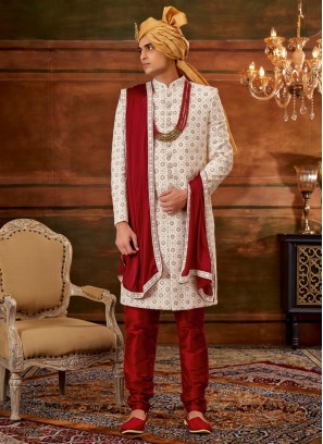Designer Off White And Maroon Thread Embroidered Sherwani