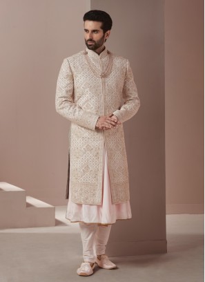 Designer Off White Embroidered Sherwani For Men
