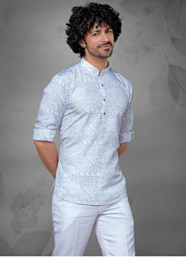 Designer Off White Printed Kurta For Men