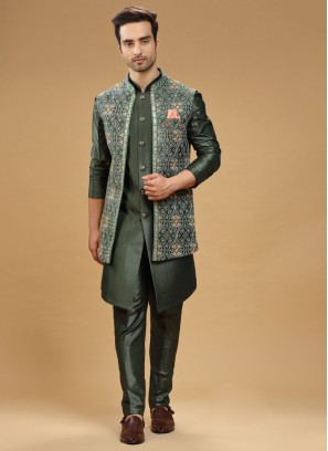 Designer Olive Green Nehru Jacket Set In Silk