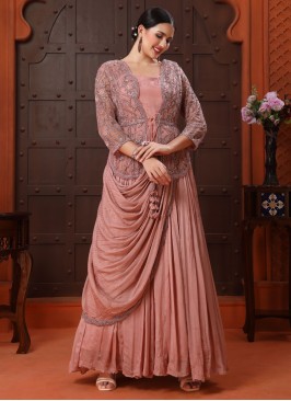 Designer Onion Pink Chiffon Gown with Attached Drape & Jacket